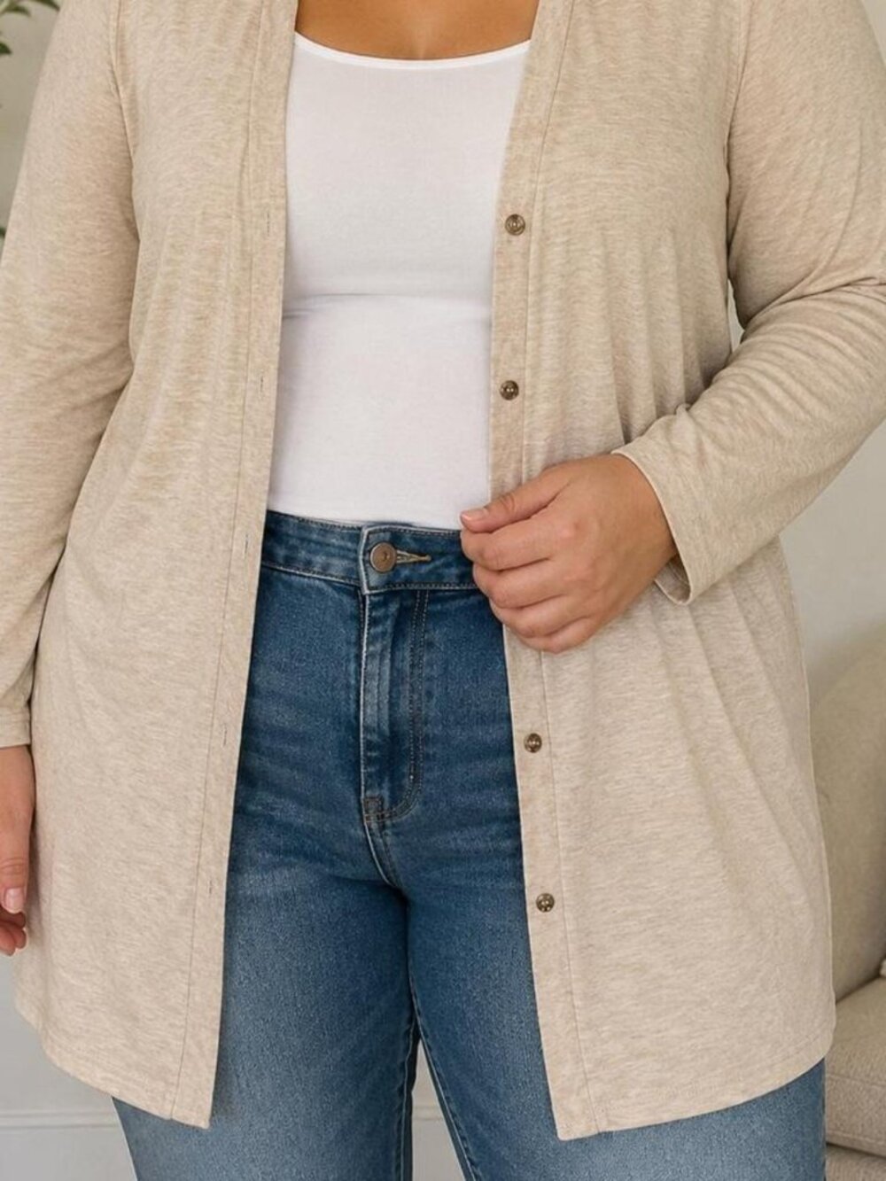 Women’s Lightweight Button-Front Cardigan – Size Large – Neutral Beige